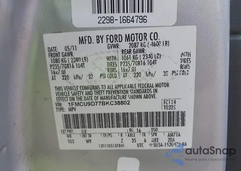 2011 Ford Escape Xlt из США, поврежденный, VIN 1FMCU9D77BKC38802